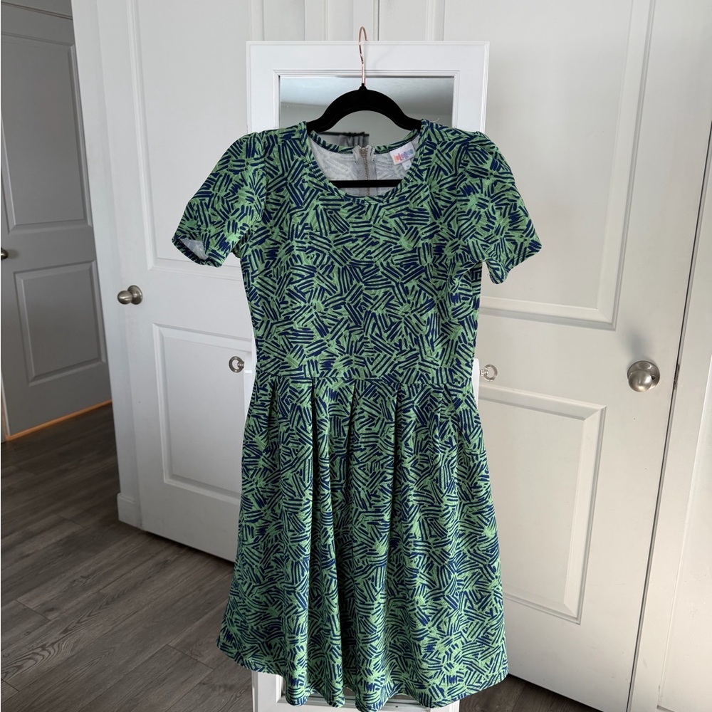 LuLaRoe Green and Navy Patterned Fit-and-Flare Dress